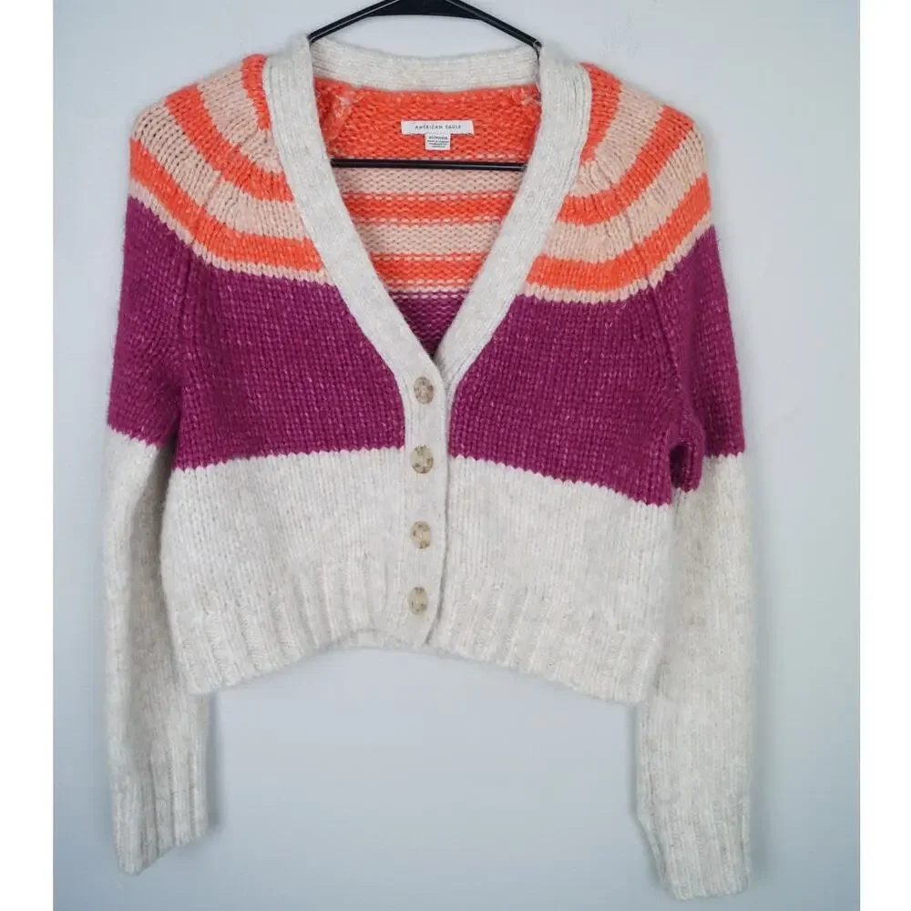 American Eagle Striped Cardigan Button Front Multicolor Pink Cream Fuzzy Size XS
